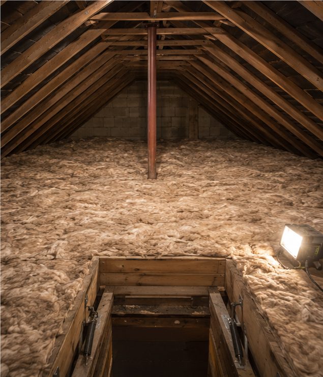 Finished Knauf mineral wool installation at a full, even depth in a cold loft