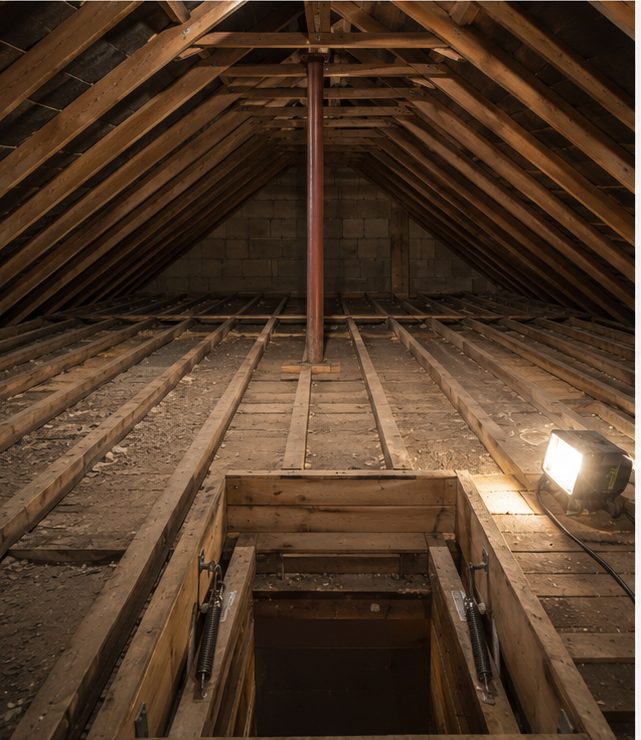Before: a cold loft with thin, unevenly spread original mineral wool between the joists