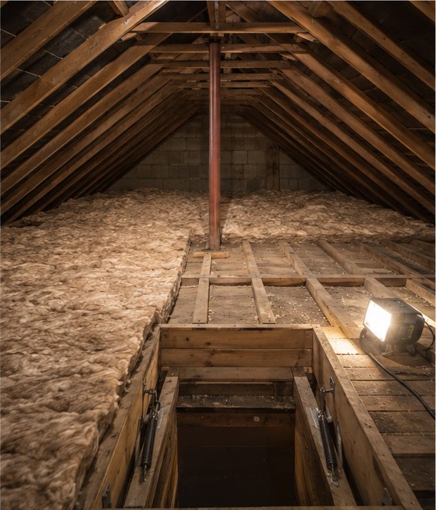 During: Knauf mineral wool being laid between and across the loft joists